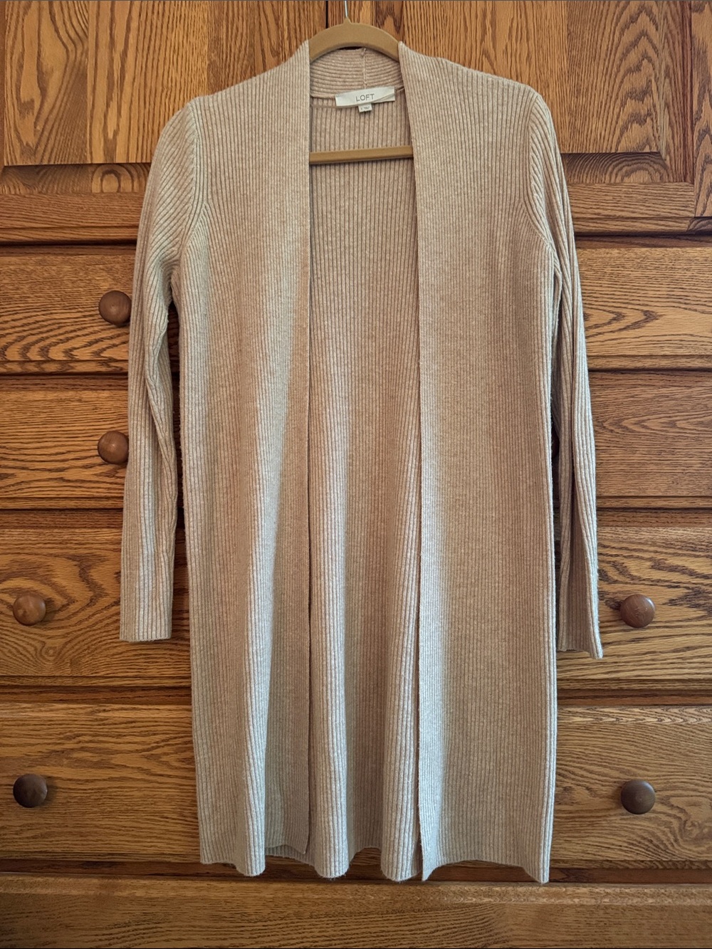 LOFT Long Open-Front Ribbed Cardigan in Taupe